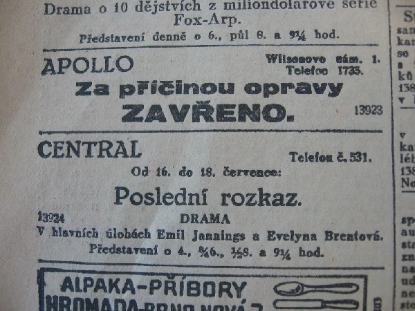 zdroj: Ústav filmu a audiovizuální kultury na Filozofické fakultě, Masarykova Univerzita, denní tisk z 16.07.1929