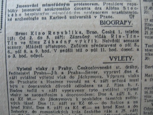 zdroj: Ústav filmu a audiovizuální kultury na Filozofické fakultě, Masarykova Univerzita, Brno; denní tisk ze dne 02.09.1927