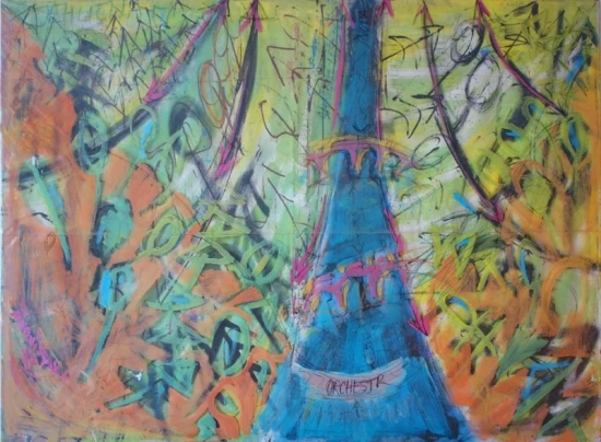 Skica Hudba lesa, plátno, igelit, akryl, 2m x 1,60cm, 1997- 2002