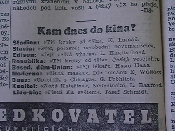 zdroj: Ústav filmu a audiovizuální kultury na Filozofické fakultě, Masarykova Univerzita, denní tisk z 20.4.1934