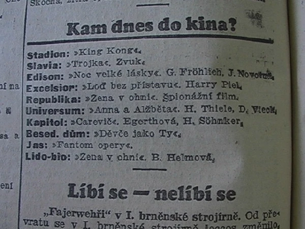 zdroj: Ústav filmu a audiovizuální kultury na Filozofické fakultě, Masarykova Univerzita, denní tisk z  17.11.1933