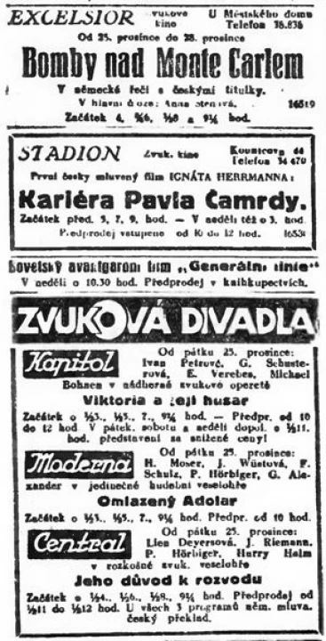 zdroj: Ústav filmu a audiovizuální kultury na Filozofické fakultě, Masarykova Univerzita, denní tisk z 24.12.1931