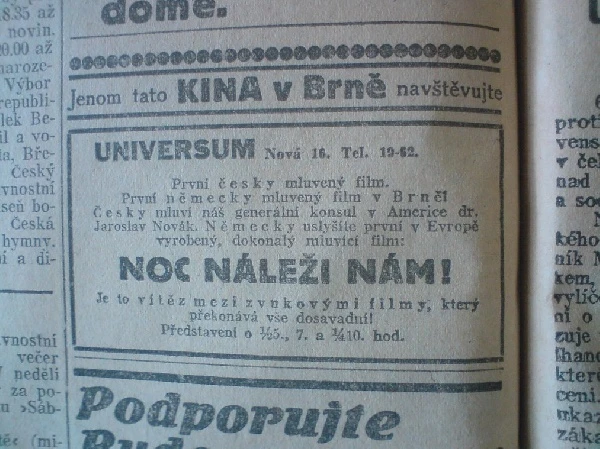 zdroj: Ústav filmu a audiovizuální kultury na Filozofické fakultě, Masarykova Univerzita, denní tisk z 08.03.1930