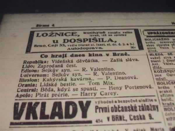 zdroj: Ústav filmu a audiovizuální kultury na Filozofické fakultě, Masarykova Univerzita, denní tisk z listopadu 1926