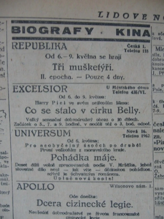 zdroj: Ústav filmu a audiovizuální kultury na Filozofické fakultě, Masarykova Univerzita, denní tisk z 06.05.1927