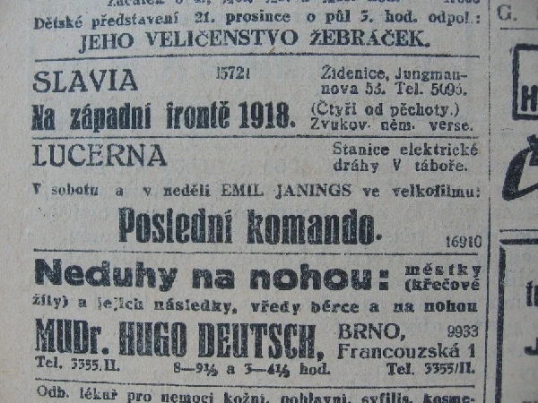 zdroj: Ústav filmu a audiovizuální kultury na Filozofické fakultě, Masarykova Univerzita, denní tisk z února 20.12.1930