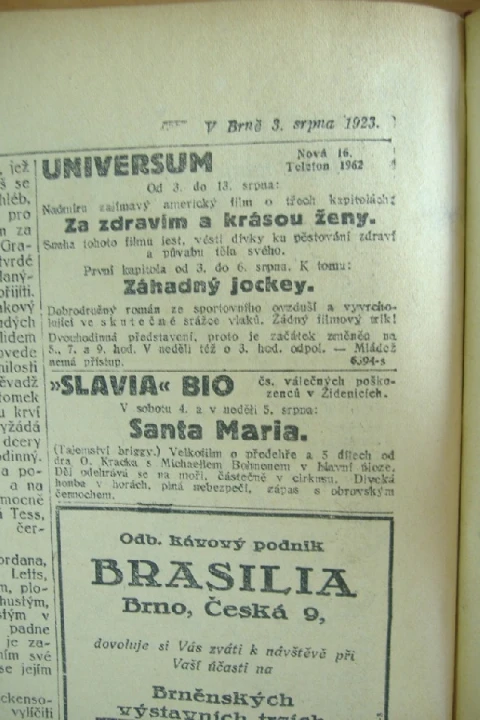 Zdroj: Projekt "Filmové Brno", Ústav filmu a audiovizuální kultury, Filozofická fakulta, Masarykova univerzita, Brno. Denní tisk z 03.08.1923. - http://www.phil.muni.cz/filmovebrno