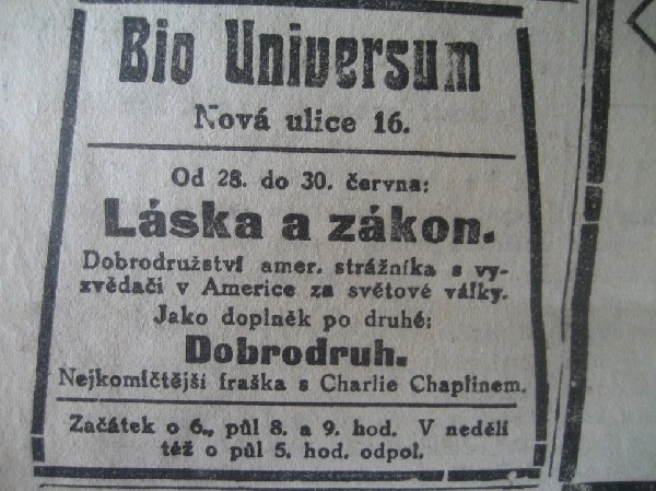 zdroj: Ústav filmu a audiovizuální kultury na Filozofické fakultě, Masarykova Univerzita, denní tisk z 28.06.1921