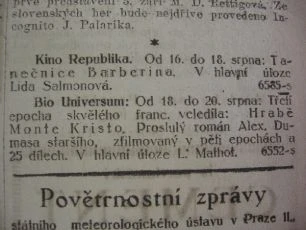 zdroj: Ústav filmu a audiovizuální kultury na Filozofické fakultě, Masarykova Univerzita, denní tisk ze srpna 1921