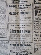 Zdroj: Projekt "Filmové Brno", Ústav filmu a audiovizuální kultury, Filozofická fakulta, Masarykova univerzita, Brno. Denní tisk (Rovnost)  z 23.05.1924. - http://www.phil.muni.cz/filmovebrno