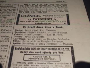 Zdroj: Projekt "Filmové Brno", Ústav filmu a audiovizuální kultury, Filozofická fakulta, Masarykova univerzita, Brno. Denní tisk z  02.10.1926. - http://www.phil.muni.cz/filmovebrno