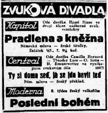 Zdroj: Ústav filmu a audiovizuální kultury na Filozofické fakultě, Masarykova Univerzita, denní tisk z 28.08.1931