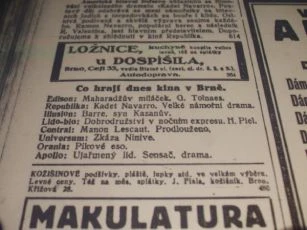 zdroj: Ústav filmu a audiovizuální kultury na Filozofické fakultě, Masarykova Univerzita, denní tisk z 09.10.1926