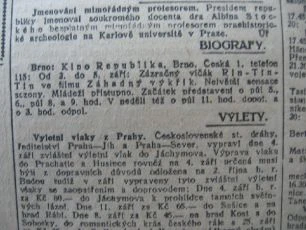 zdroj: Ústav filmu a audiovizuální kultury na Filozofické fakultě, Masarykova Univerzita, Brno; denní tisk ze dne 02.09.1927