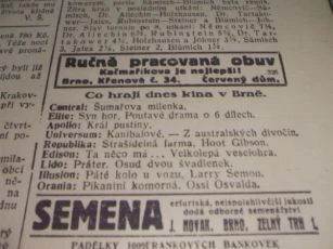 Zdroj: Projekt "Filmové Brno", Ústav filmu a audiovizuální kultury, Filozofická fakulta, Masarykova univerzita, Brno. Denní tisk z 14.04.1926. - http://www.phil.muni.cz/filmovebrno