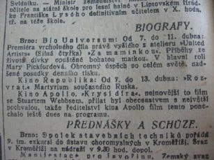 Zdroj: Projekt "Filmové Brno", Ústav filmu a audiovizuální kultury, Filozofická fakulta, Masarykova univerzita, Brno. Denní tisk ze 04.04.1922. - http://www.phil.muni.cz/filmovebrno