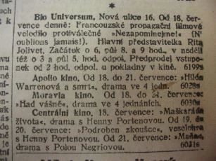 Lidové noviny, 197, pá 18.07.1919 - zdroj: Ústav filmu a audiovizuální kultury na Filozofické fakultě, Masarykova Univerzita, Brno