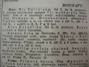 Ústav filmu a audiovizuální kultury, Filozofická fakulta, Masarykova univerzita, Brno. Denní tisk z 02.12.1921. - http://www.phil.muni.cz/filmovebrno