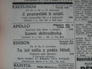 zdroj: Ústav filmu a audiovizuální kultury na Filozofické fakultě, Masarykova Univerzita, denní tisk z 15.07.1930