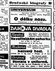 Zdroj: Projekt "Filmové Brno", Ústav filmu a audiovizuální kultury, Filozofická fakulta, Masarykova univerzita, Brno. Denní tisk - Lidové noviny, 78, pá 12.02.1932 . - http://www.phil.muni.cz/filmovebrno