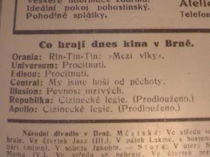zdroj: Ústav filmu a audiovizuální kultury na Filozofické fakultě, Masarykova Univerzita, Brno; denní tisk ze dne 01.05.1929