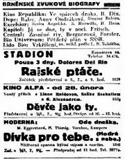 zdroj: Ústav filmu a audiovizuální kultury na Filozofické fakultě, Masarykova Univerzita, denní tisk z 28.02.1933