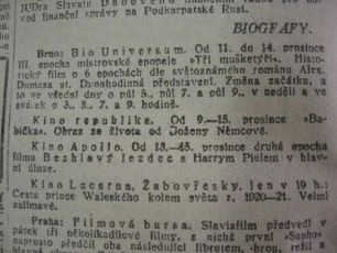 zdroj: Ústav filmu a audiovizuální kultury na Filozofické fakultě, Masarykova Univerzita, denní tisk z 13.12.1921