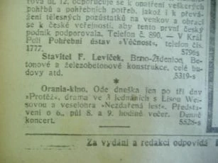 Zdroj: Projekt "Filmové Brno", Ústav filmu a audiovizuální kultury, Filozofická fakulta, Masarykova univerzita, Brno. Denní tisk z 14.05.1918. - http://www.phil.muni.cz/filmovebrno