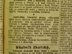 zdroj: Ústav filmu a audiovizuální kultury na Filozofické fakultě, Masarykova Univerzita, denní tisk z 13.02.1919