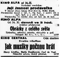 zdroj: Ústav filmu a audiovizuální kultury na Filozofické fakultě, Masarykova Univerzita, denní tisk z 24.11.1933