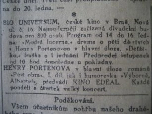 zdroj: Ústav filmu a audiovizuální kultury na Filozofické fakultě, Masarykova Univerzita, denní tisk z 14.01.1919
