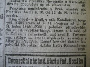 zdroj: Ústav filmu a audiovizuální kultury na Filozofické fakultě, Masarykova Univerzita, denní tisk z 14.1.1918