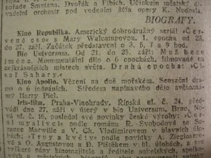 zdroj: Ústav filmu a audiovizuální kultury na Filozofické fakultě, Masarykova Univerzita, denní tisk ze září 1921