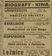 zdroj: Ústav filmu a audiovizuální kultury na Filozofické fakultě, Masarykova Univerzita, denní tisk z  26.01.1923