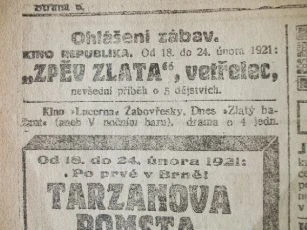 zdroj: Ústav filmu a audiovizuální kultury na Filozofické fakultě, Masarykova Univerzita, denní tisk z roku 1921