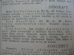 zdroj: Ústav filmu a audiovizuální kultury na Filozofické fakultě, Masarykova Univerzita, denní tisk z 26.05.1922