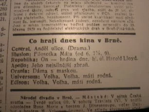 zdroj: Ústav filmu a audiovizuální kultury na Filozofické fakultě, Masarykova Univerzita, denní tisk z  02.03.1929