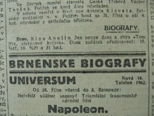 Zdroj: Projekt "Filmové Brno", Ústav filmu a audiovizuální kultury, Filozofická fakulta, Masarykova univerzita, Brno. Denní tisk z 30.10.1927. - http://www.phil.muni.cz/filmovebrno