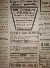 Zdroj: Projekt "Filmové Brno", Ústav filmu a audiovizuální kultury, Filozofická fakulta, Masarykova univerzita, Brno. Denní tisk Tagesbote aus Mähren und Schlesien, 268, út 10.06.1919. - http://www.phil.muni.cz/filmovebrno