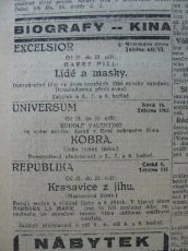 promítání obou dílů současně - zdroj: Ústav filmu a audiovizuální kultury na Filozofické fakultě, Masarykova Univerzita, denní tisk z 21.09.1926