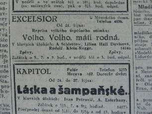 Zdroj: Projekt "Filmové Brno", Ústav filmu a audiovizuální kultury, Filozofická fakulta, Masarykova univerzita, Brno. Lidové noviny, 539, pátek 24.10.1930. - http://www.phil.muni.cz/filmovebrno