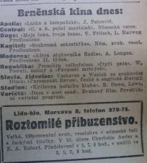 zdroj: Ústav filmu a audiovizuální kultury na Filozofické fakultě, Masarykova Univerzita, denní tisk z  13.03.1931